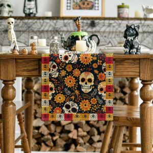 Artoid Mode Sugar Skull Yellow Daisy Day of The Dead Table Runner, Dia De Los Muertos Mexican Kitchen Dining Table Decoration for Home Party Decor 13x72 Inch