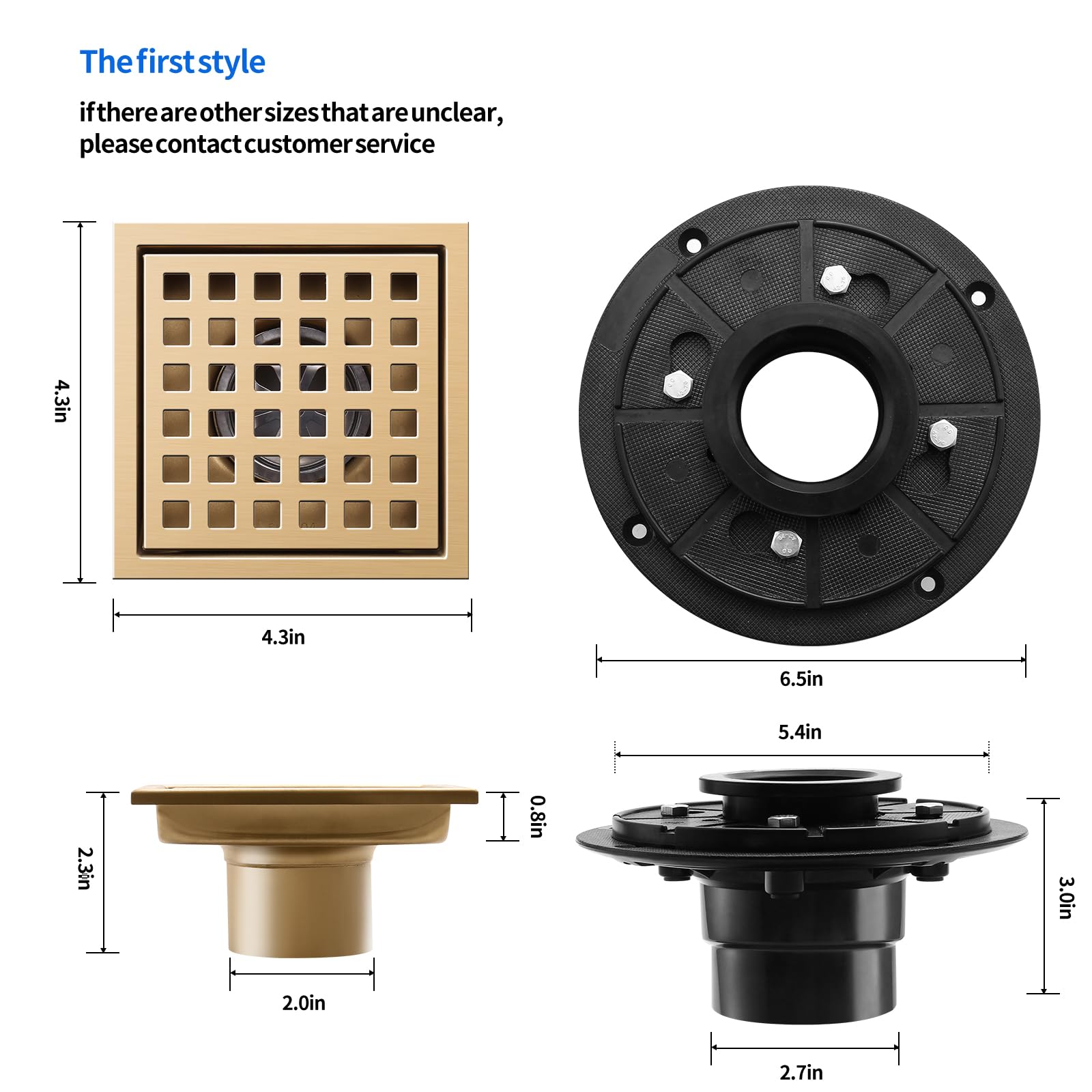 Shower Drain, Brushed Gold 4 inch Shower Floor Square Drain with Flange, Removeable Grid Panel SUS 304 Stainless Steel Square Shower Drain