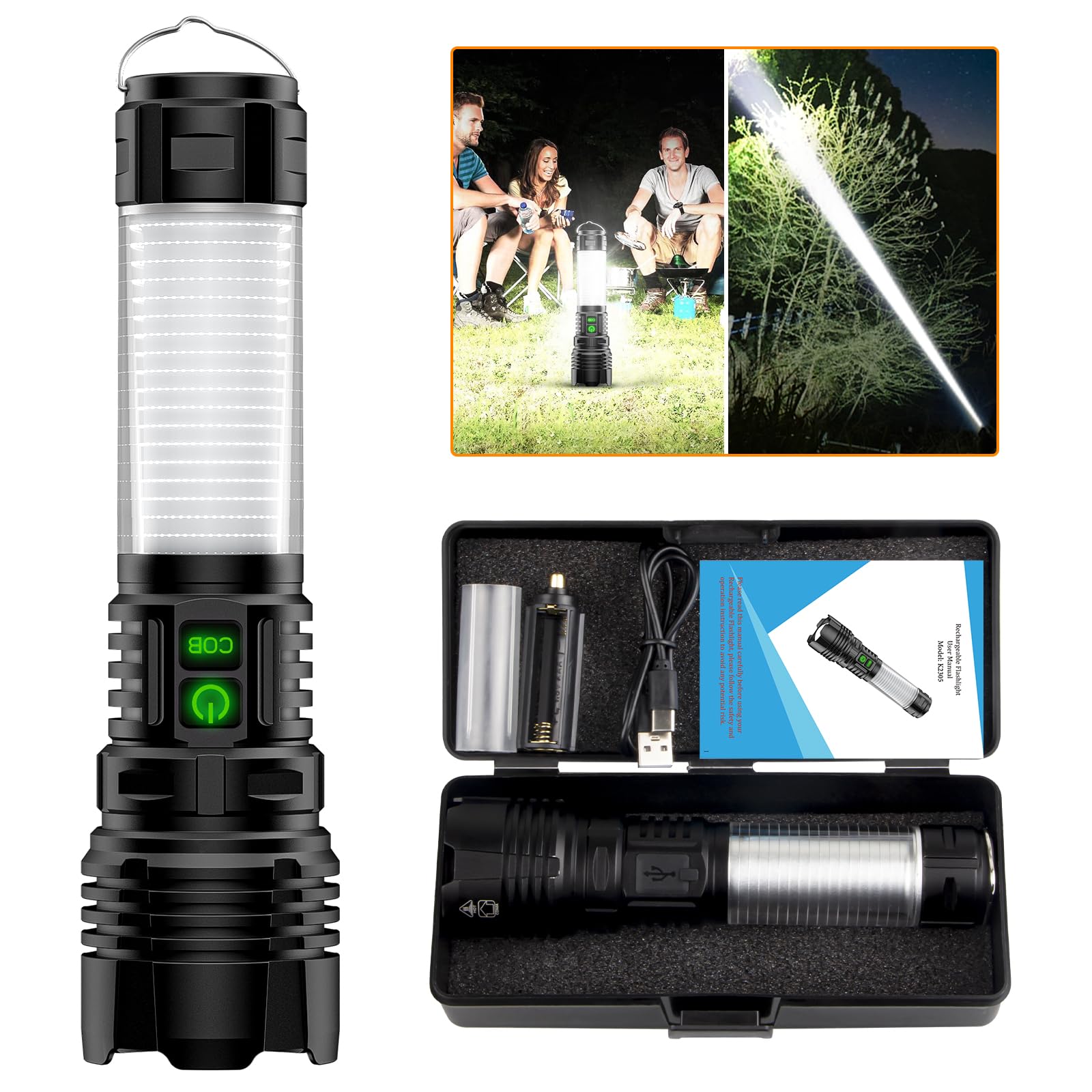 LED Rechargeable Flashlight 100000 High Lumens with Camping Lanterns - 2000 Meters Long Beam Super Bright LED Flashlight, Waterproof Camping Tent Lights 5 Modes, Zoomable Camping Flashlight Lantern