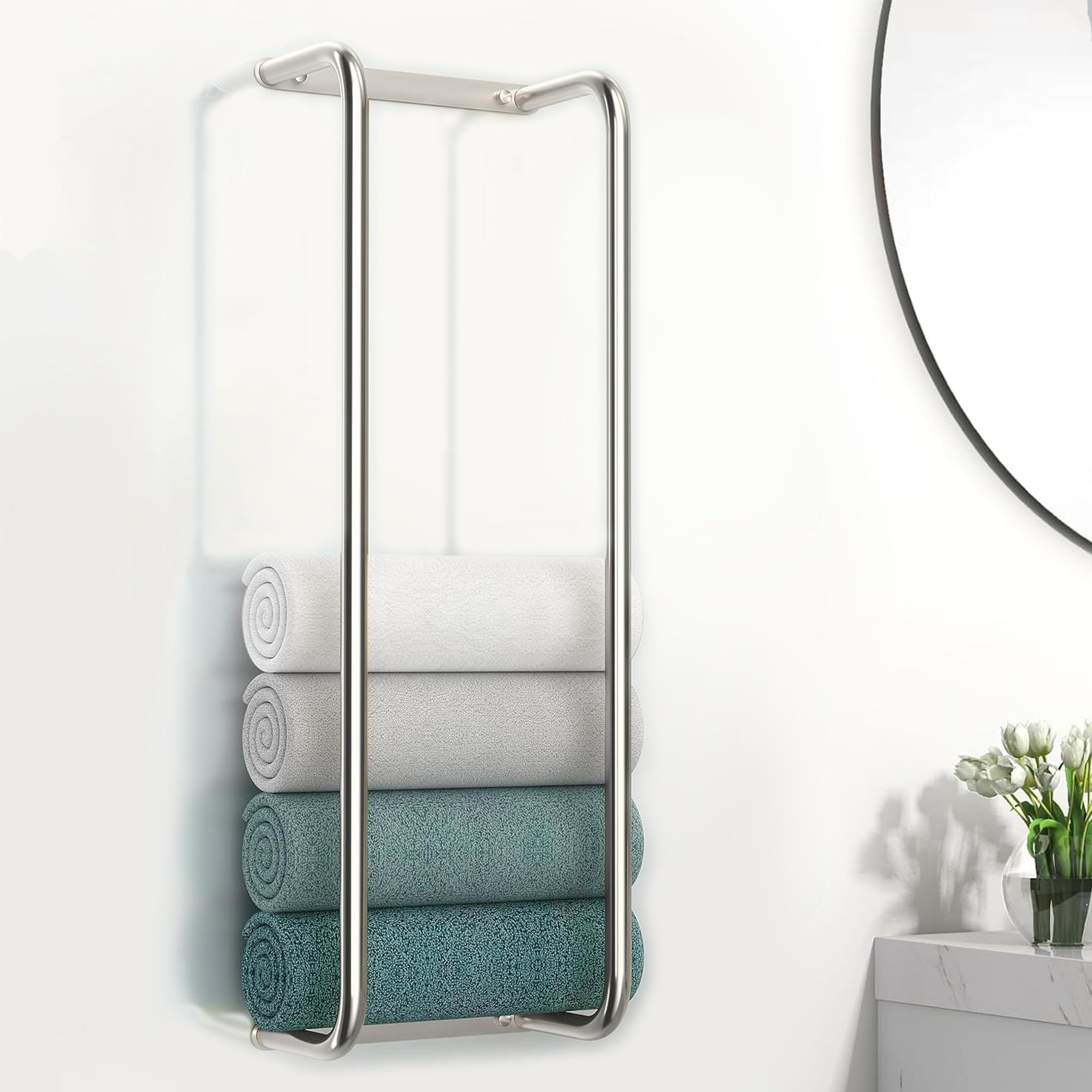 Towel Racks for Bathroom, Towel Holder for Bathroom Wall, Bathroom Towel Holder with Hooks, 304 Stainless Steel Bathroom Towel Rack Wall Mounted for Storing Towels, Robes, Silver