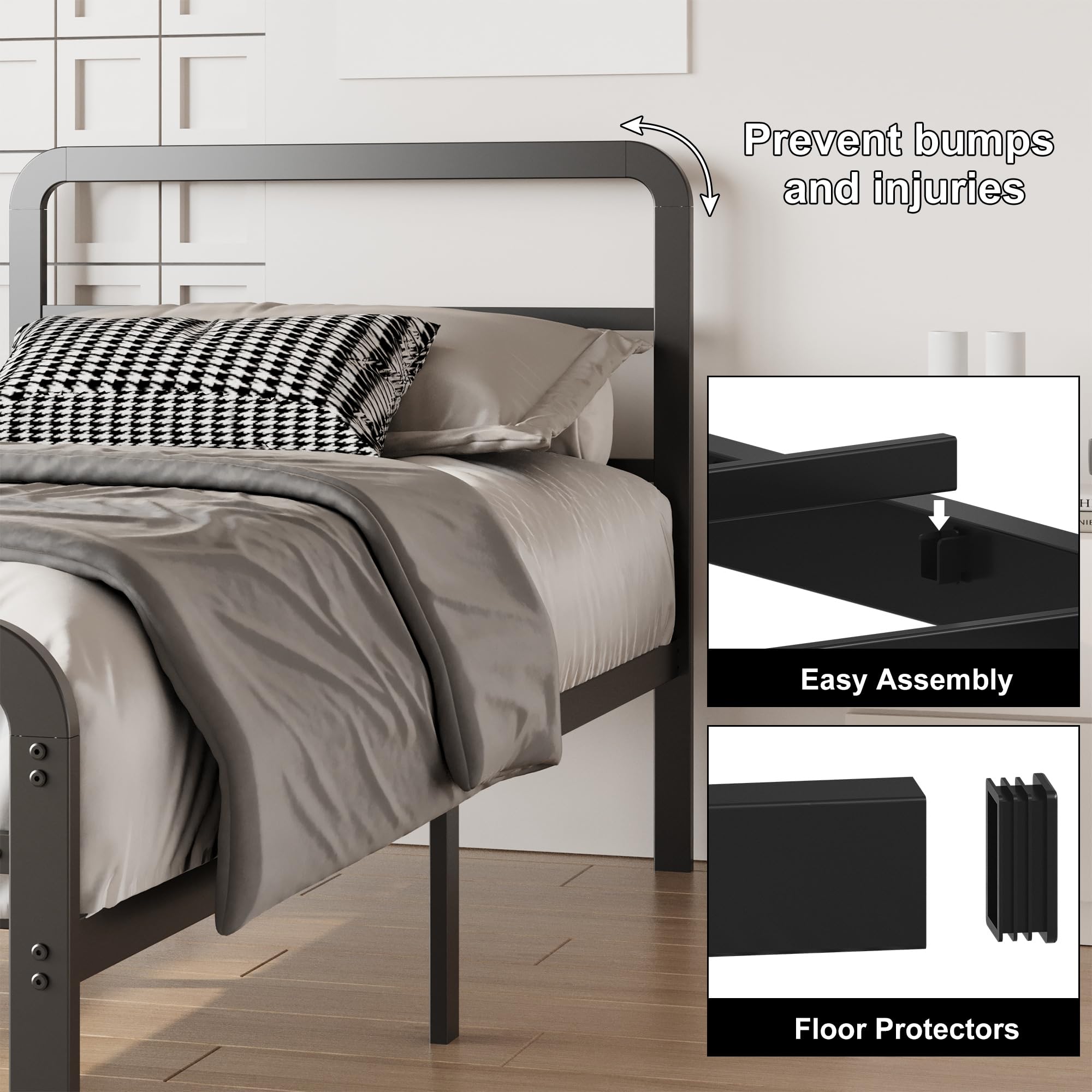 Lutown-Teen 12 Inch Twin Bed Frames with Headboard and Footboard, No Box Spring Needed, Heavy Duty Metal Mattress Foundation, Noise Free, Easy Assembly, Black