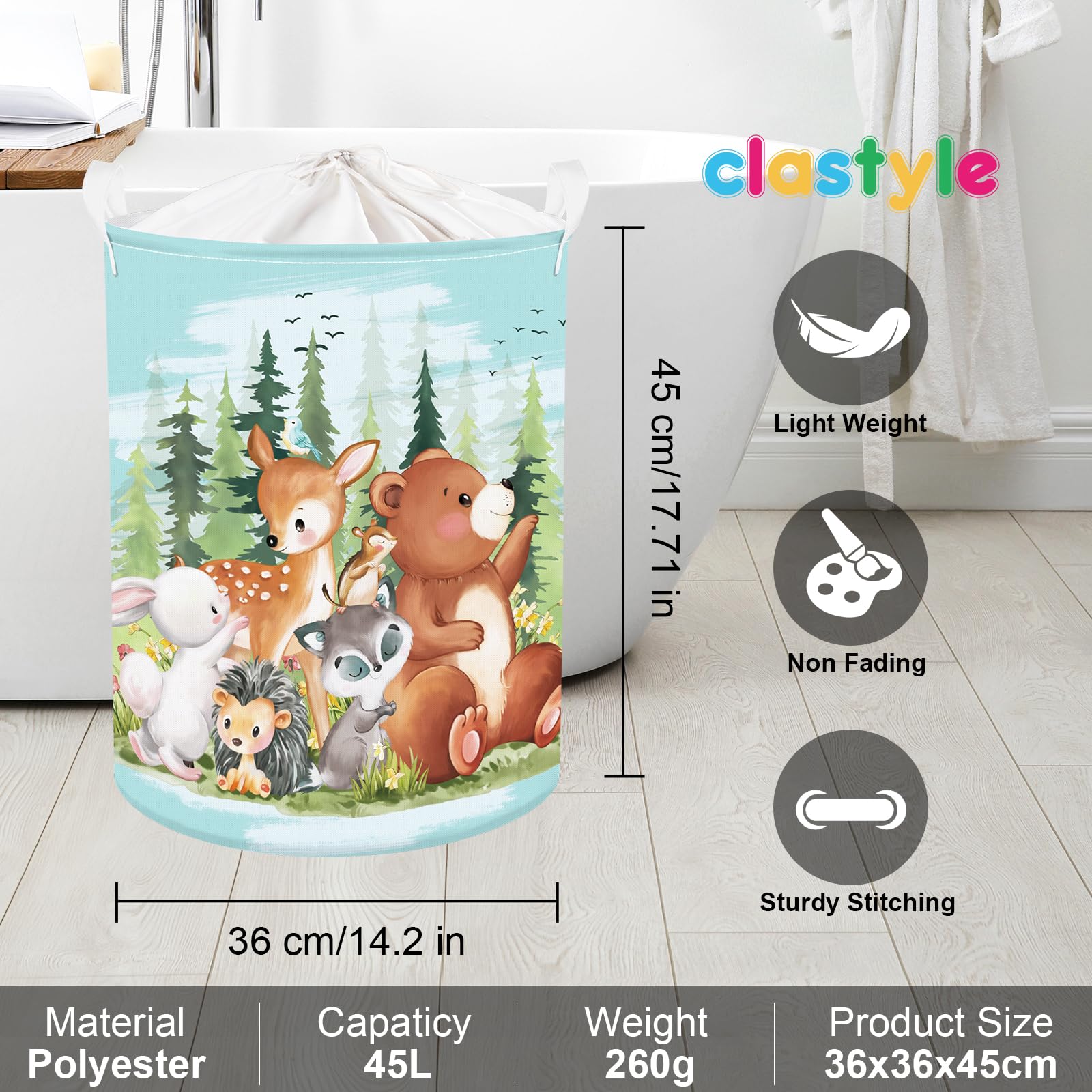 Clastyle 45L Large Blue Jungle Animal Fox Deer Kid Laundry Hamper with Handle Collapsible Rabbit Bear Hedgehog Clothes Toy Storage Basket with Lid for Nursery