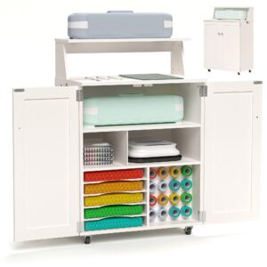 𝐂𝐫𝐚𝐟𝐢𝐭 craft cart storage cabinet compatible with cricut machine, rolling crafting table furniture with vinyl roll holder organizer desk workstation for craft room home organization, ivory