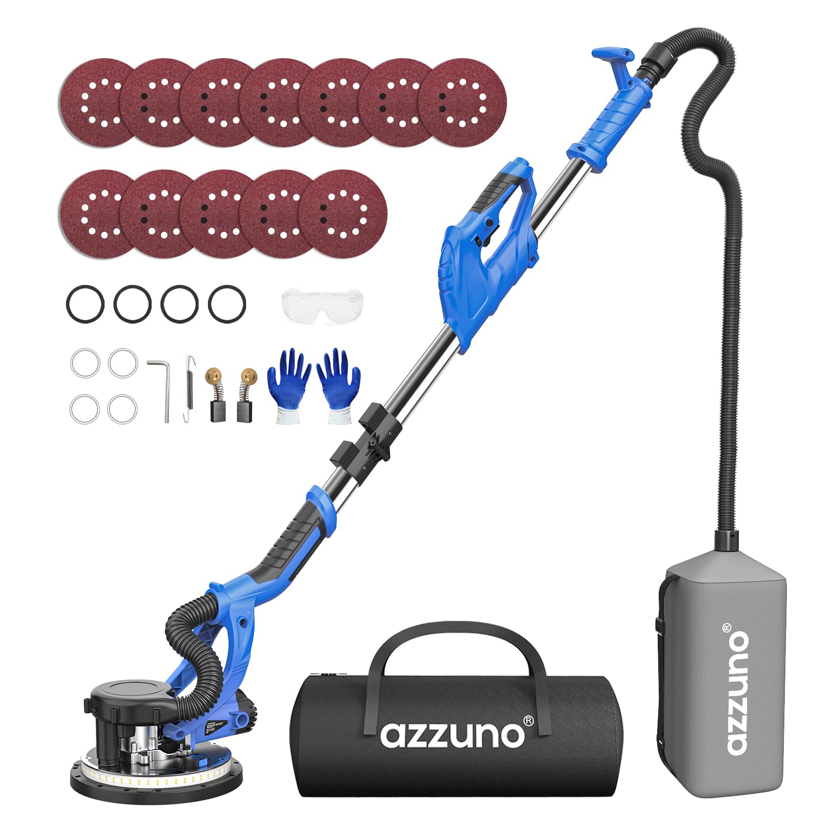 Drywall Sander with Vacuum Dust Collection, AZZUNO 7 Variable Speed 8.5A 750W Sander Tool, LED Light, Extendable Handle, 12pcs Sanding Discs