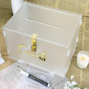 FCDECOR 11" Acrylic Wedding Card Box with Lock, Frosted Gift Card Box for Wedding Decorations for Reception, Honeymoon Fund Money Box for Bridal Shower Decorations Party Reception Anniversary