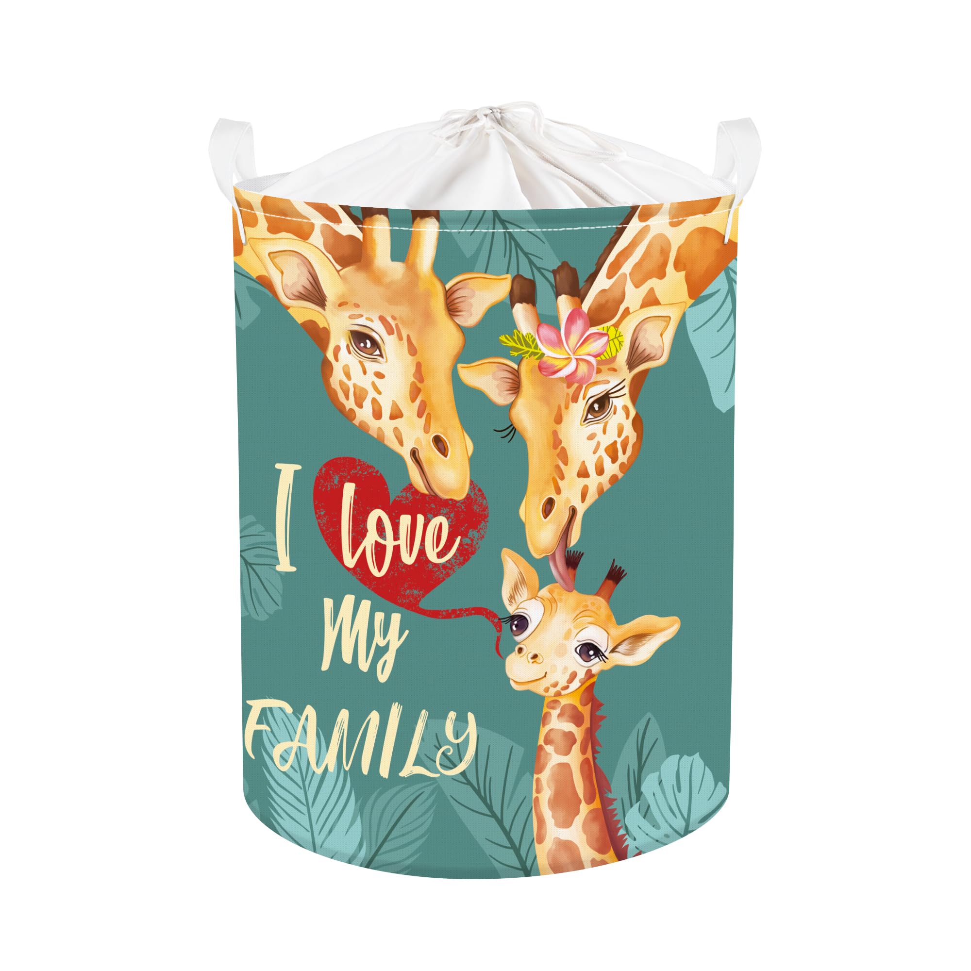 Clastyle 45L Large Green Giraffe Family Kid Laundry Hamper with Handle Collapsible Animal Love Clothes Toy Storage Basket with Lid for Nursery