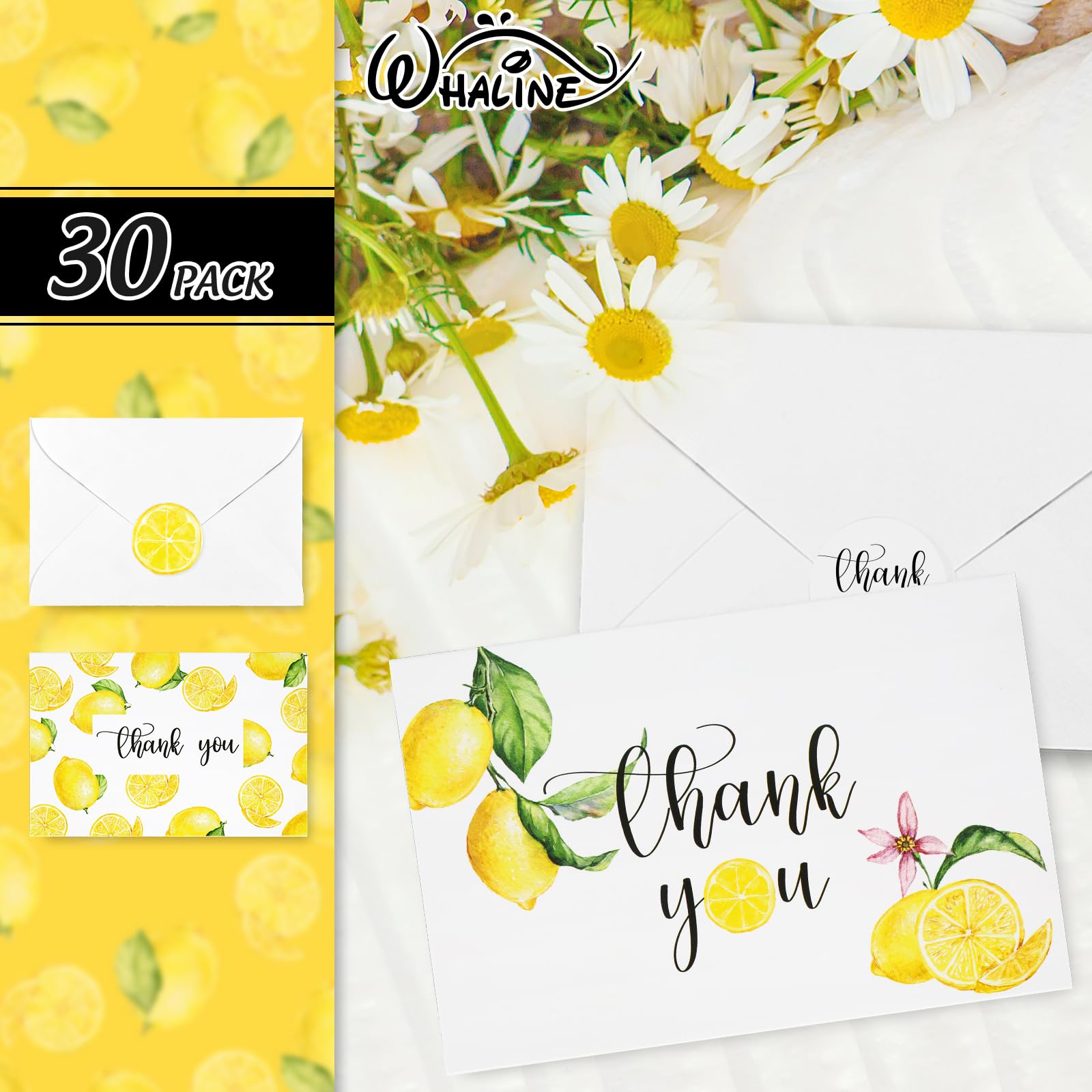 Whaline 30 Pack Lemon Thank You Cards with Envelopes Stickers White Yellow Fruit Greeting Cards Lemonade Blank Note Cards for Baby Shower Wedding Birthday Bridal Party, 4 x 6 Inch