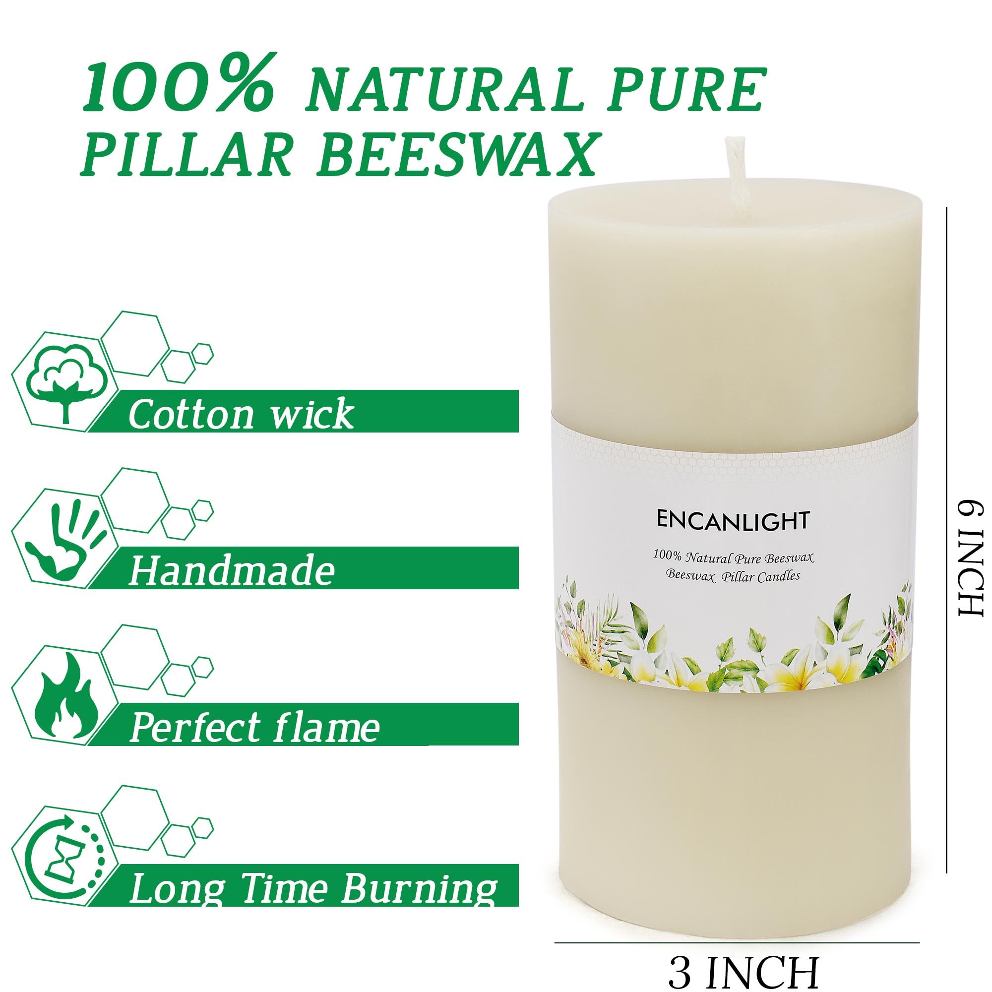 Beeswax Pillar Candles, 3x6 Inch White Ivory Natural Bees Wax Candle Set of 2, Unscented Smokeless and Dripless, 95-100 Hours Long Burning Time for Home Decor Party Wedding