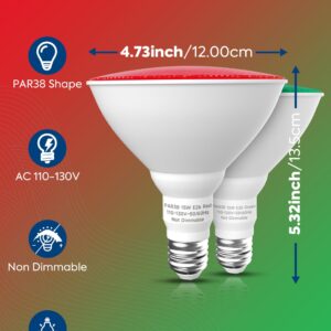 Nouscan PAR38 Red Green LED Lights for Outside [Christmas Combo], 150W Flood Light Bulbs Equivalent, 15W 1200LM, Colored Outdoor Flood Light Bulb, E26 Base Not-dim for Christmas, Halloween, 2 Pack