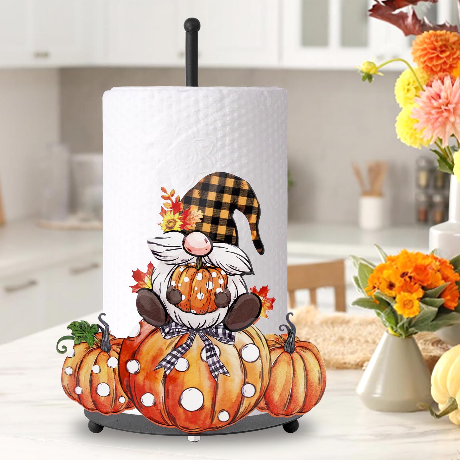 Thanksgiving Paper Towel Holder,Fall Kitchen Decor,Fall Bathroom Decorations with Pumpkin Gnomes Decor Accessories,Autumn Large Metal Towel Holder Stand for Countertop