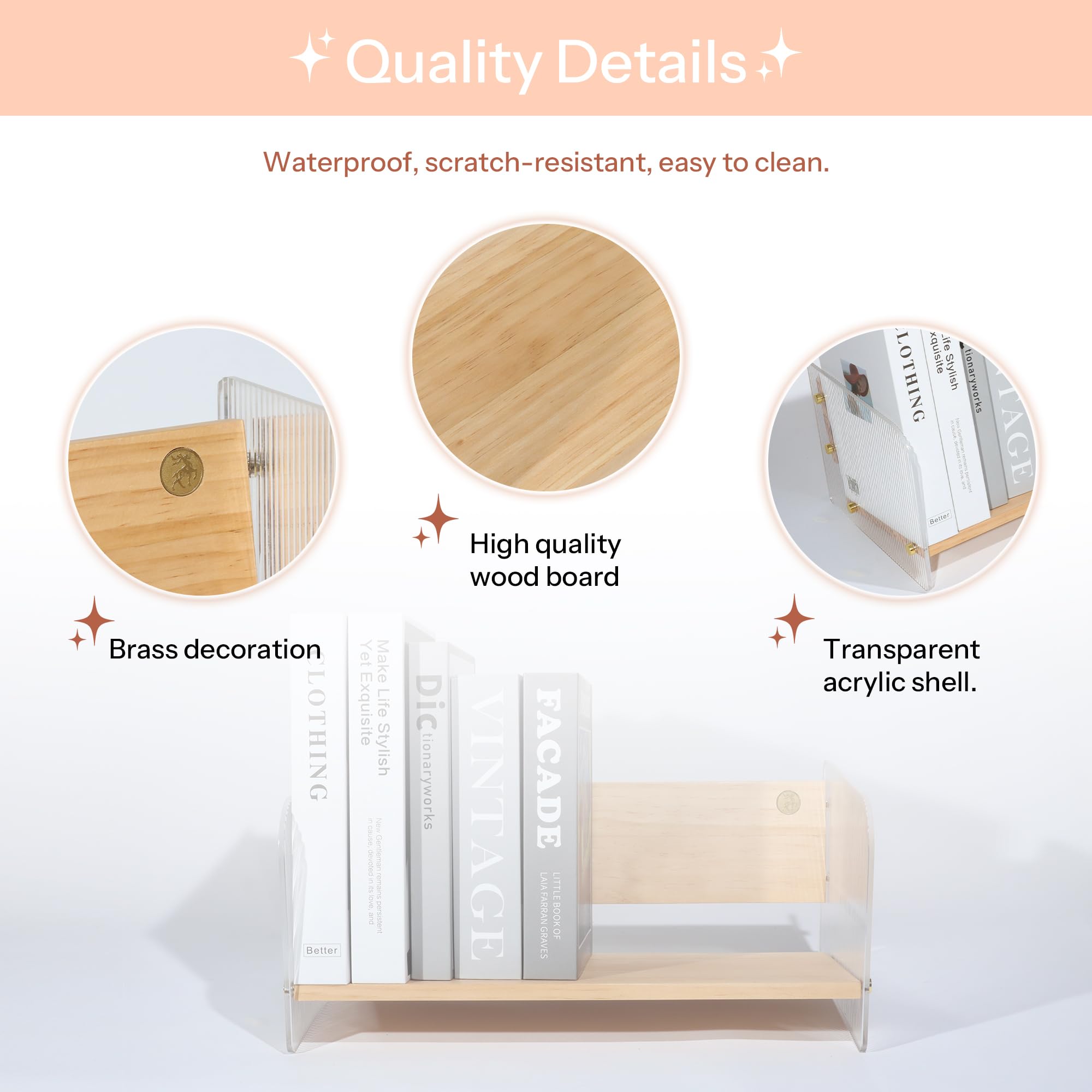 KAOTGOT Wood Desktop Bookshelf Organizer, Wood Combined with Acrylic Corrugated Bookshelf, Small Bookshelf for Small Spaces, Display Bookcase Book Rack for Home, Office