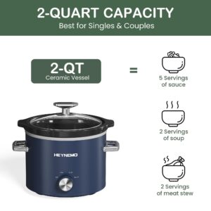 2 QT Small Slow Cooker, 3 Adjustable Temp, Upgraded Ceramic Pot, Easy Clean-up, Nutrient Loss Reduction, Sauces, Stews & Dips, Stainless Steel, Blue