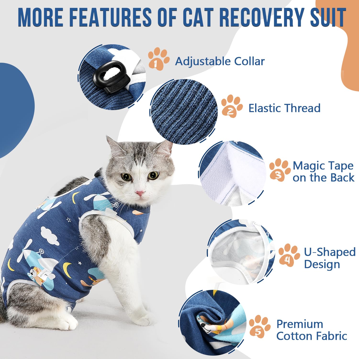 SlowTon Cat Recovery Suit - Cat Onesie for Cats After Surgery Female Male, Kitten Clothes Cat Surgical Spay Suit Abdominal Wounds, E-Collar Alternative Cats Bodysuit Shirt Anti-Licking (Blue, L)