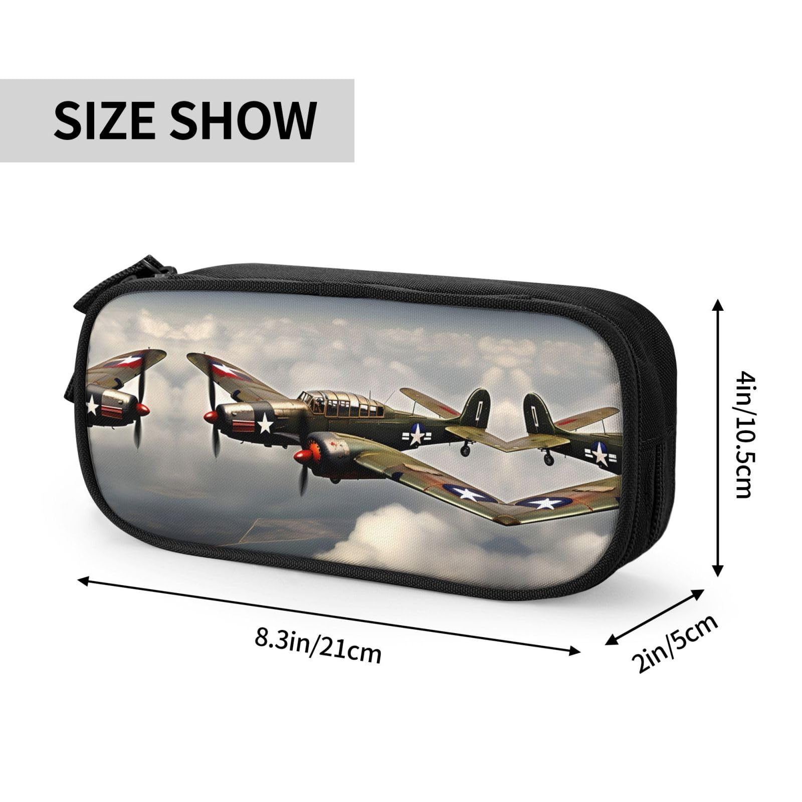 NOUZU World War 2 Aircraft Airplane Print Large Pencil Case Pouch With Zipper Adults Office Travel Stationery Makeup Bag, Black, RXZER23