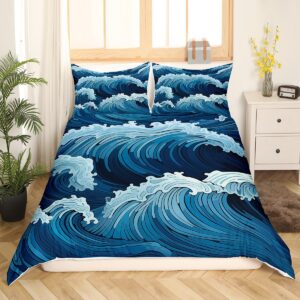 feelyou sea waves duvet cover blue ocean coastal theme bedding set for kids boys girls beach comforter cover soft bedspread cover full size