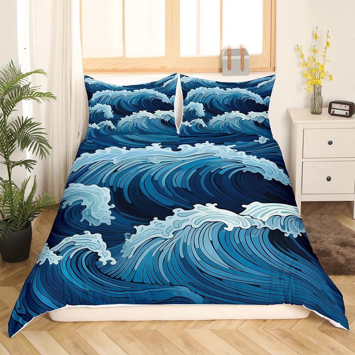 Feelyou Sea Waves Duvet Cover Blue Ocean Coastal Theme Bedding Set for Kids Boys Girls Beach Comforter Cover Soft Bedspread Cover Full Size