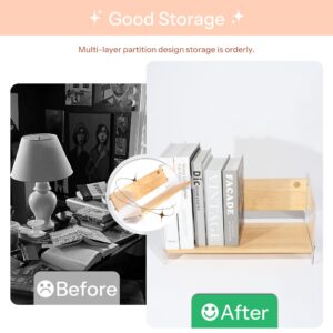 KAOTGOT Wood Desktop Bookshelf Organizer, Wood Combined with Acrylic Corrugated Bookshelf, Small Bookshelf for Small Spaces, Display Bookcase Book Rack for Home, Office