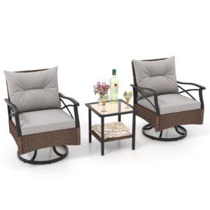 tangkula outdoor swivel rocking chairs set, 360 degree patio cushioned rocker chairs with 2-tier tempered glass side table, for garden, poolside, backyard