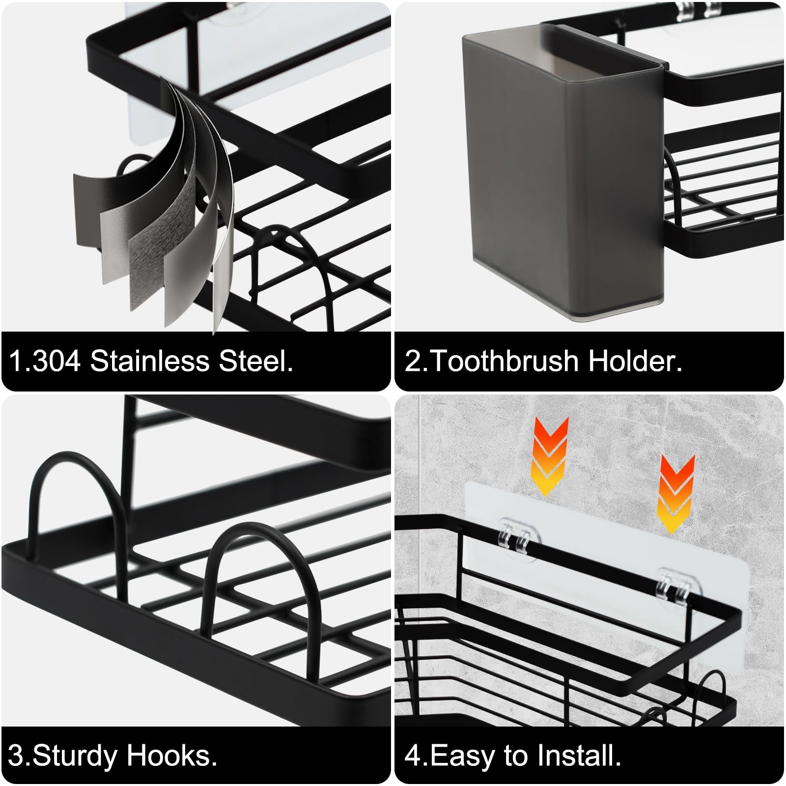 Adhesive Corner Shower Caddy, 2 Packs Shower Organizer Shelves No Drilling Stainless Steel Shower Storage Rack with Hooks & 2pcs Toothpaste Holders for Bathroom Rustproof, Space Saving (Black 5pcs)