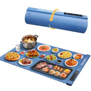 electric warming tray, warming mat for food with 17 temperature settings and timing, rollable & portable premium silicone electric heating tray with auto shut-off and lock for parties buffet (blue)