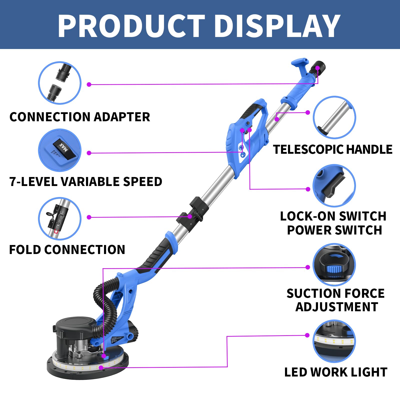 Drywall Sander with Vacuum Dust Collection, AZZUNO 7 Variable Speed 8.5A 750W Sander Tool, LED Light, Extendable Handle, 12pcs Sanding Discs