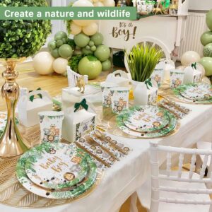 175Pcs Safari Baby Shower Decorations Plates Set, Jungle Theme Zoo Animals Plates Napkins Cups and Cutlery for 25 Guests