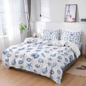 cal kingduvet covers set coastal beach starfish shells seamless 4 pcs bedding sets brushed microfiber quilt covers lightweight cozy flat sheet with 2 pillowcases nautical conch blue gradient