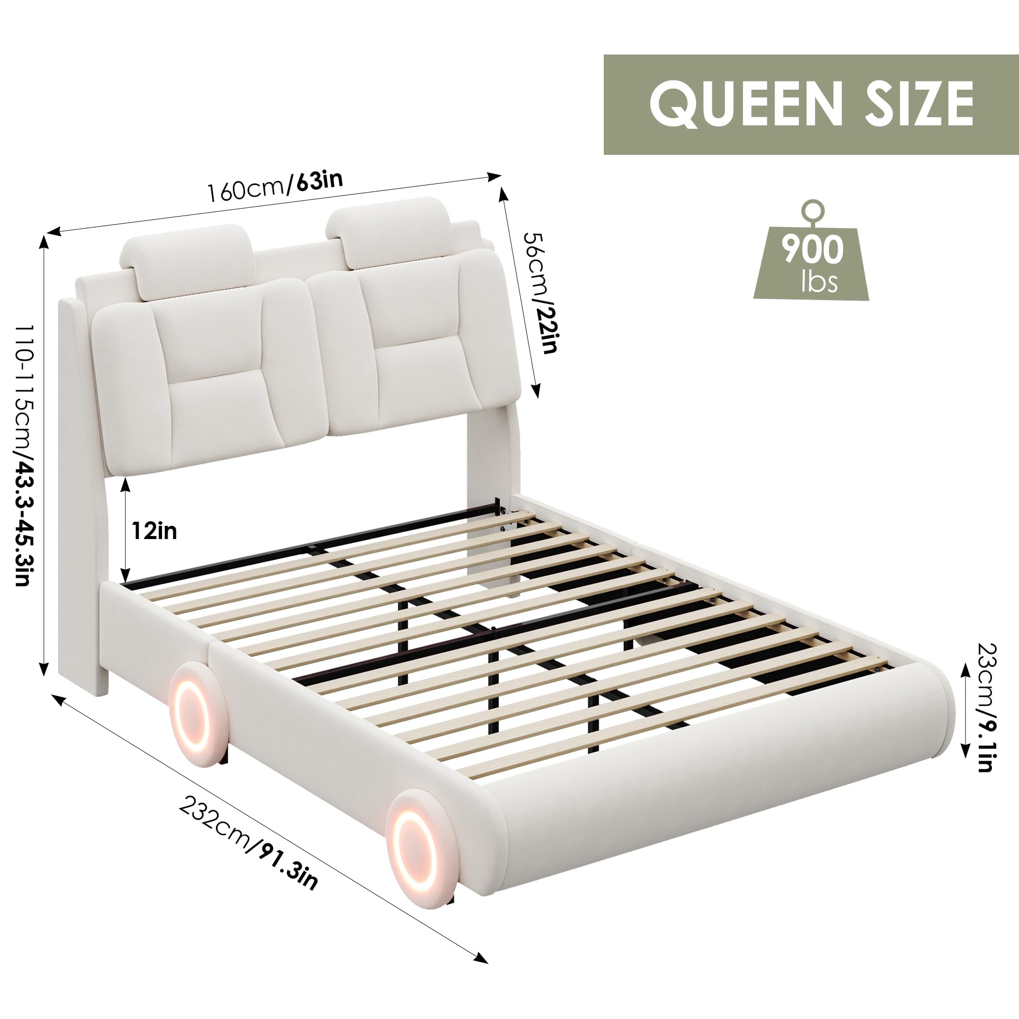 Queen Upholstered Led Bed Frame with Wheels Decor & Adjustable Curved Headboard Modern Car-Shaped Platform Bed with Detachable Pillows Solid Wooden Slats Support No Box Spring Needed, Velvet Beige