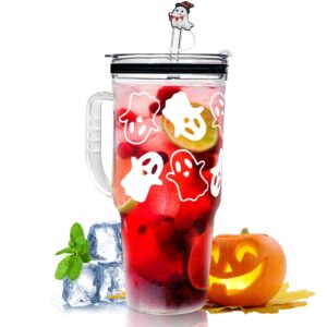 onehaus ghost cup with handle, 40oz glass tumbler mug, glass cups with lids and straws, halloween ghost decorations gifts glass cups ghost tumbler for iced coffee, fits in cup holder