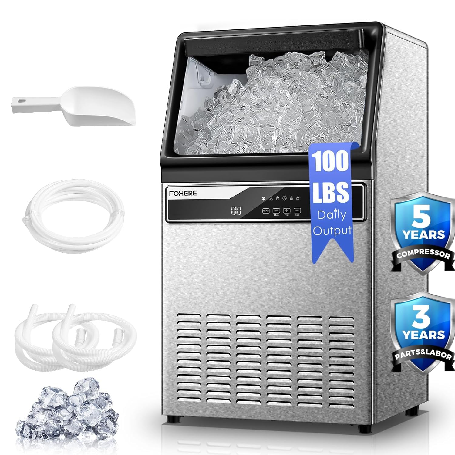 100lbs Commercial Ice Maker Machine per Day, Stainless Steel Housing Under Counter Ice Machine with 33lbs Storage Capacity, Freestanding Ice Maker, Ideal for Restaurant, Bars, Home Offices, FOHERE