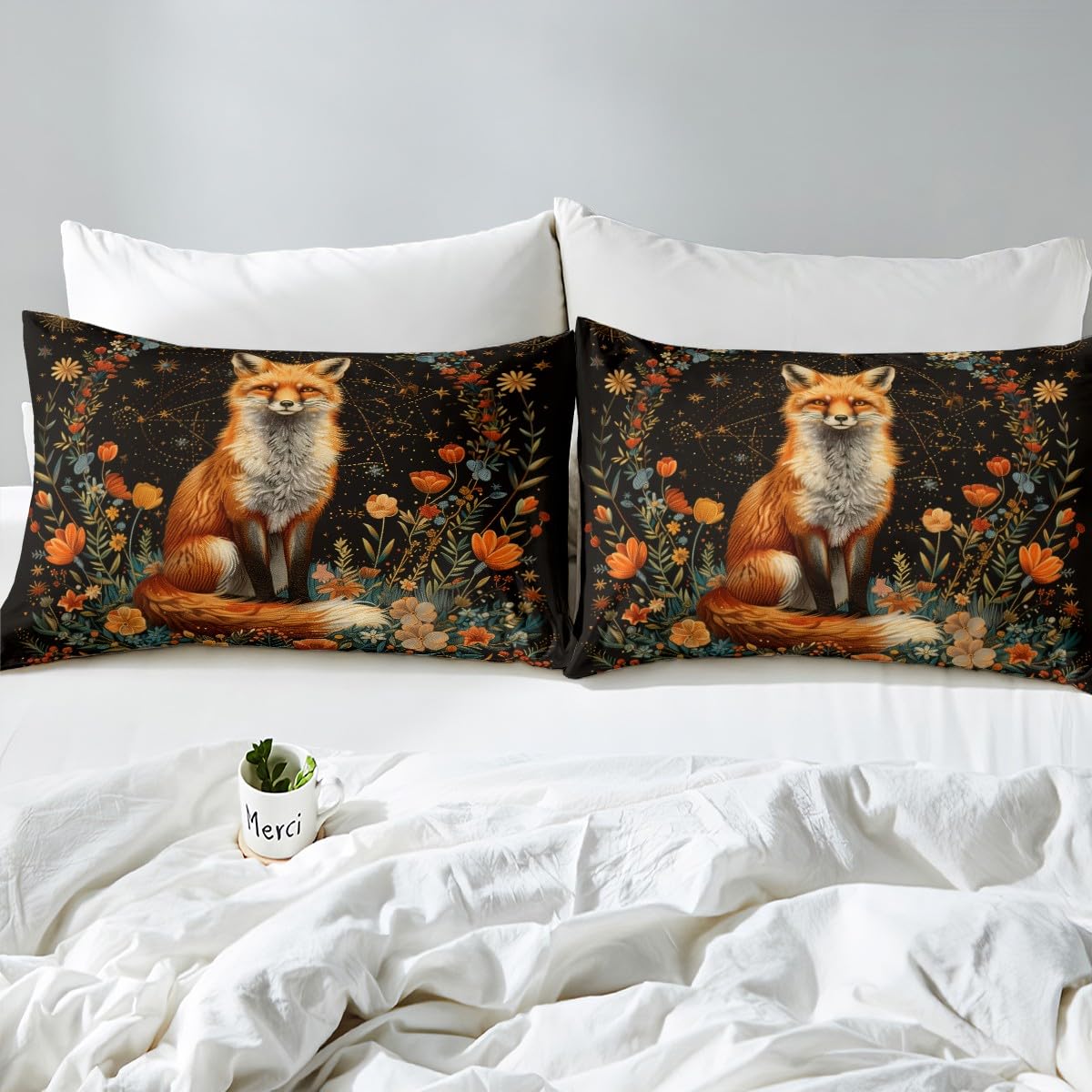 3D Fox Duvet Cover Set King Size,Twelve Constellations Botanical Comforter Cover 3Pcs,Flower Green Leaves Bedding Set for Kids Boys Teens Girls Room Decor,Wild Animal Bedspreads Cover,2 Pillowcases