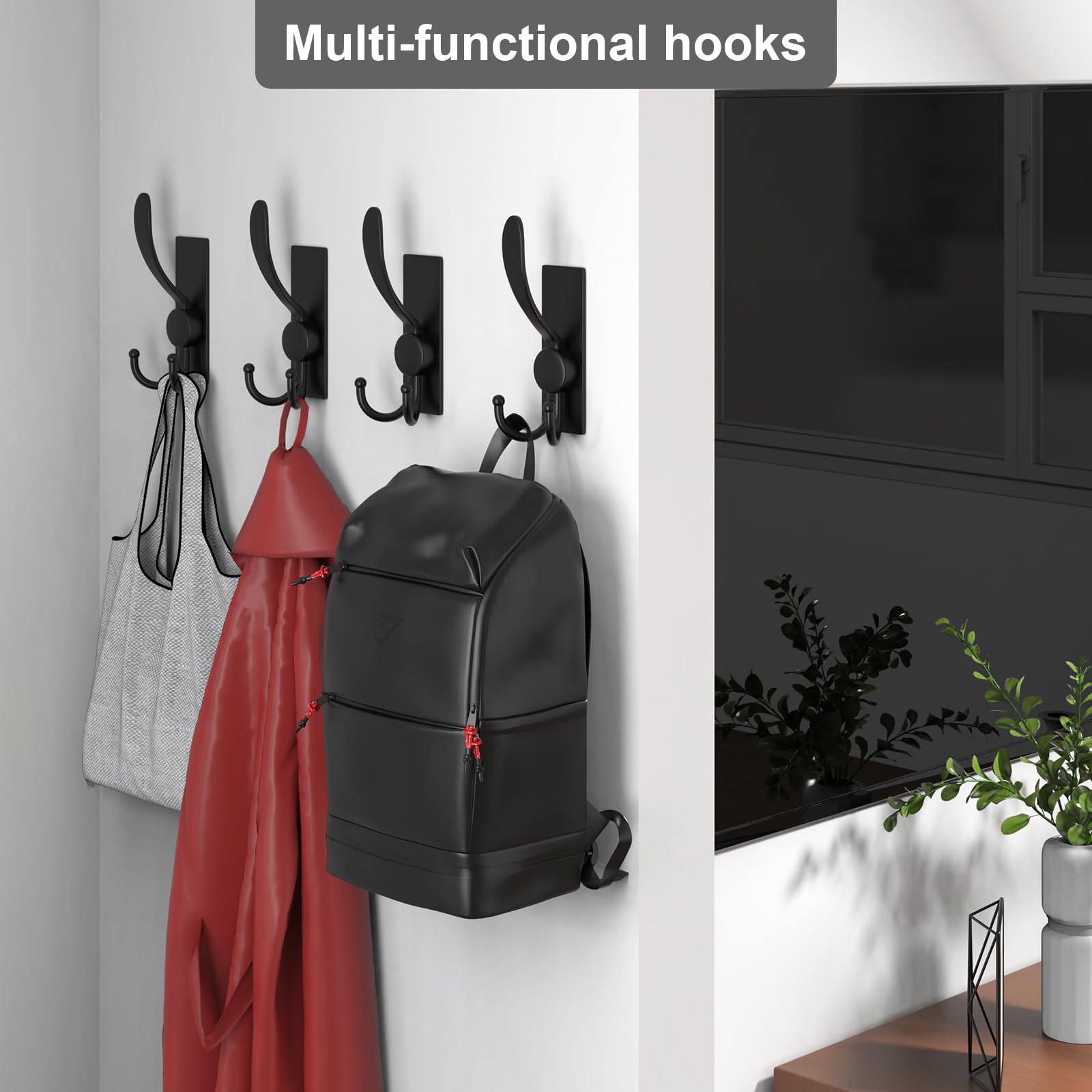 VINHOLD Self-Adhesive Coat Hooks with Tri Hooks, Metal Wall Mounted Towel Hooks for hanging towels, coats, hats, pans, Utility Hooks for bathrooms, bedrooms,kitchens(2 pack，Black)