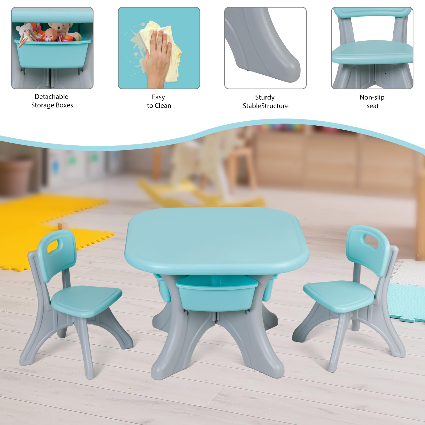 SUPER DEAL Kids Table and Chairs Set 3 Piece Plastic Children Activity Table with 4 Detachable Toy Storage Bins for Arts, Crafts, Snack Time and More, Safety Round Corners, Green