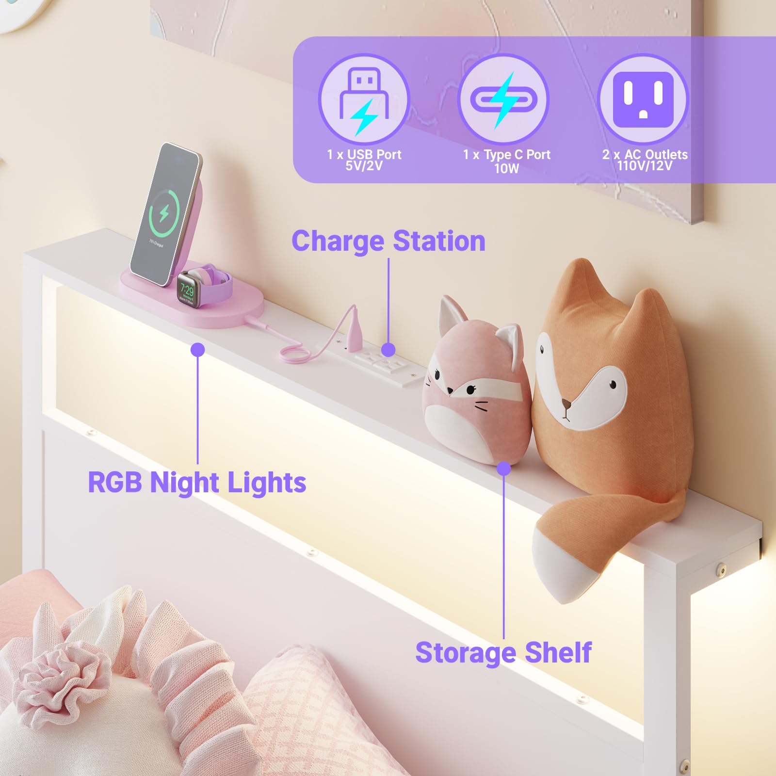 Weehom Twin Bed Frames with Headboard Shelf Storage, Wood Twin Bed Frame with Charging Station and LED Lights, No Box Spring Needed Twin Size Metal Bed Frame for Kids Students, White