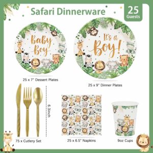 175Pcs Safari Baby Shower Decorations Plates Set, Jungle Theme Zoo Animals Plates Napkins Cups and Cutlery for 25 Guests