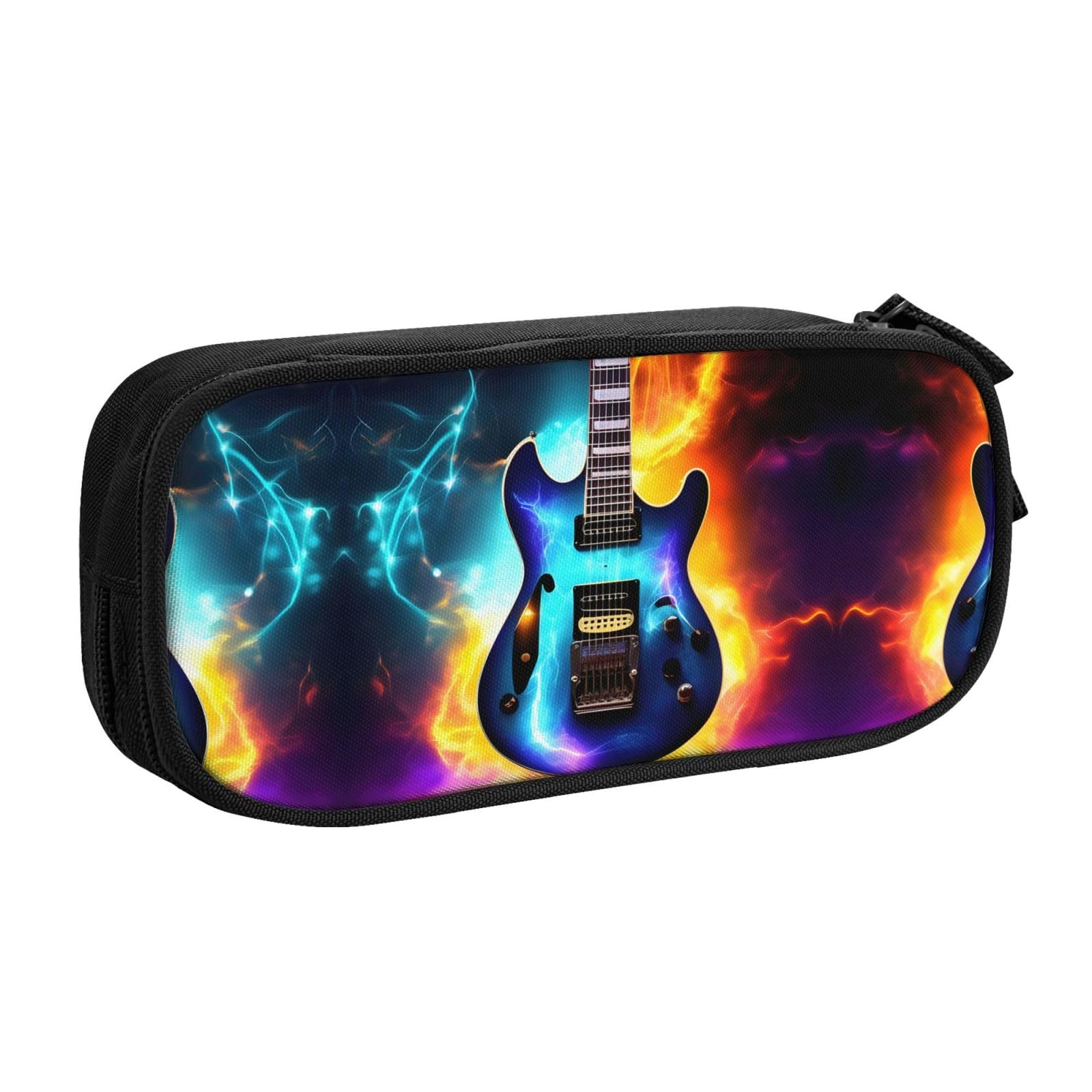 NOUZU Magic Electric Guitar Print Large Pencil Case Pouch With Zipper Adults Office Travel Stationery Makeup Bag, Black, RXZER23