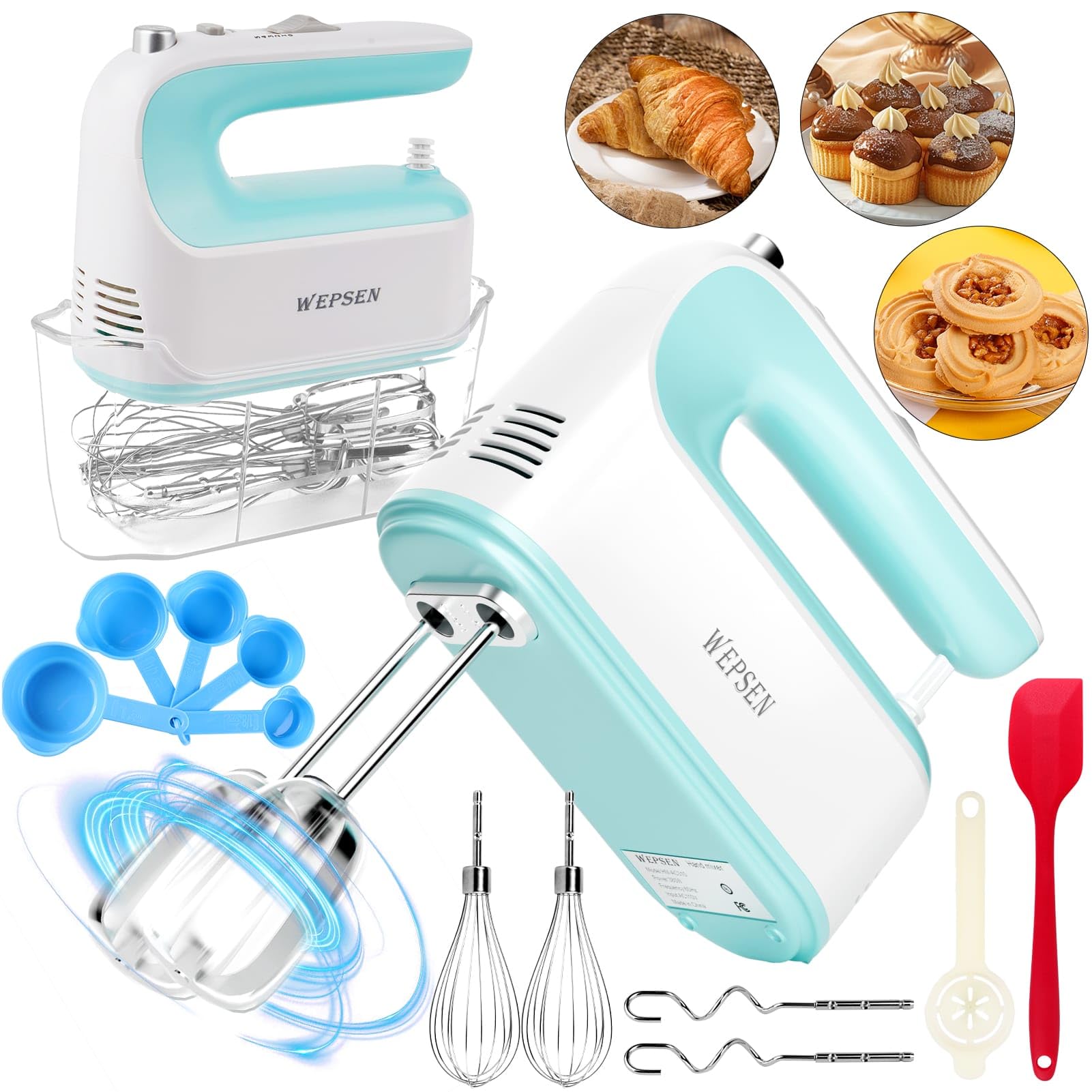 Hand Mixer Electric Handheld, 5-Speed Handheld Mixer, 380W Electric Mixer with Stainless Steel Whisk Beater Attachments, Snap-On Storage Case, Measuring Cups, Kitchen Cake Mixers for Baking Supplies