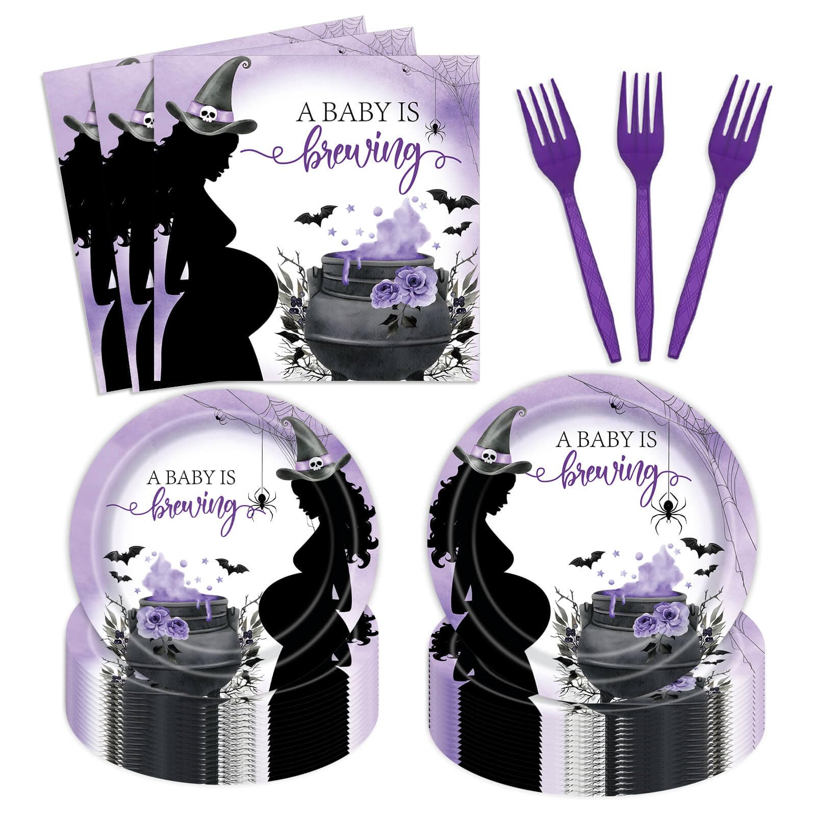 96Pcs Halloween Baby Shower Party Plates Supplies - A Baby is Brewing Halloween Party Tableware Decorations Gender Reveal Disposable Paper Plates Napkins Forks for for Baby Boy Girl Serves 24 Guests