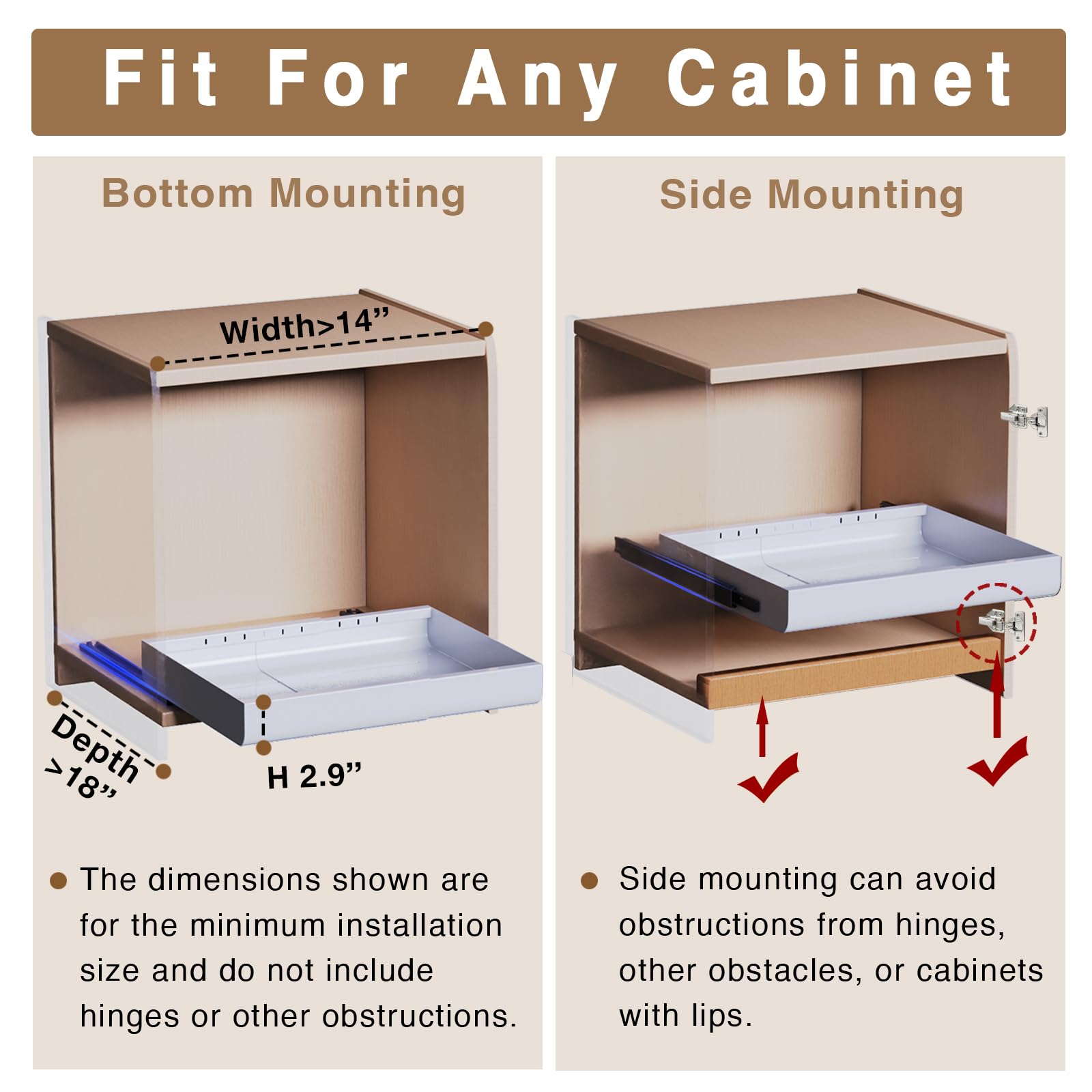 Expandable Pull Out Cabinet Organizer with Adhesive Nano Film, Fits Any Framed Cabinet, Side-Mountable Slide Out Drawers for Kitchen, Pantry, and Bathroom Storage and Organization