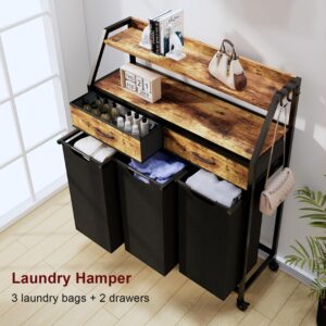 Timberer Laundry Hamper, Laundry Sorter 3 Section, Rolling Laundry Basket with Wheels, 2 Drawers, 2 Shelves, 3 × 14.5 Gal, Pull-Out and Removable Laundry Bags, Laundry Room, Black and Rustic Brown