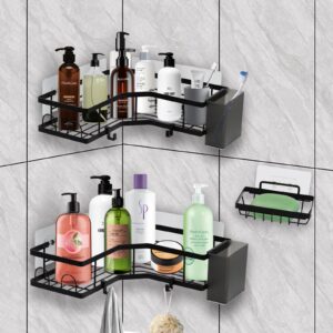 adhesive corner shower caddy, 2 packs shower organizer shelves no drilling stainless steel shower storage rack with hooks & 2pcs toothpaste holders for bathroom rustproof, space saving (black 5pcs)