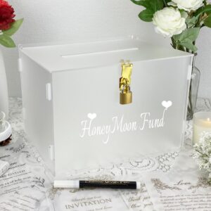 FCDECOR 11" Acrylic Wedding Card Box with Lock, Frosted Gift Card Box for Wedding Decorations for Reception, Honeymoon Fund Money Box for Bridal Shower Decorations Party Reception Anniversary