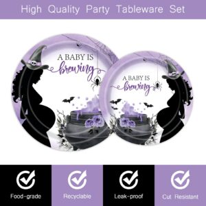 96Pcs Halloween Baby Shower Party Plates Supplies - A Baby is Brewing Halloween Party Tableware Decorations Gender Reveal Disposable Paper Plates Napkins Forks for for Baby Boy Girl Serves 24 Guests