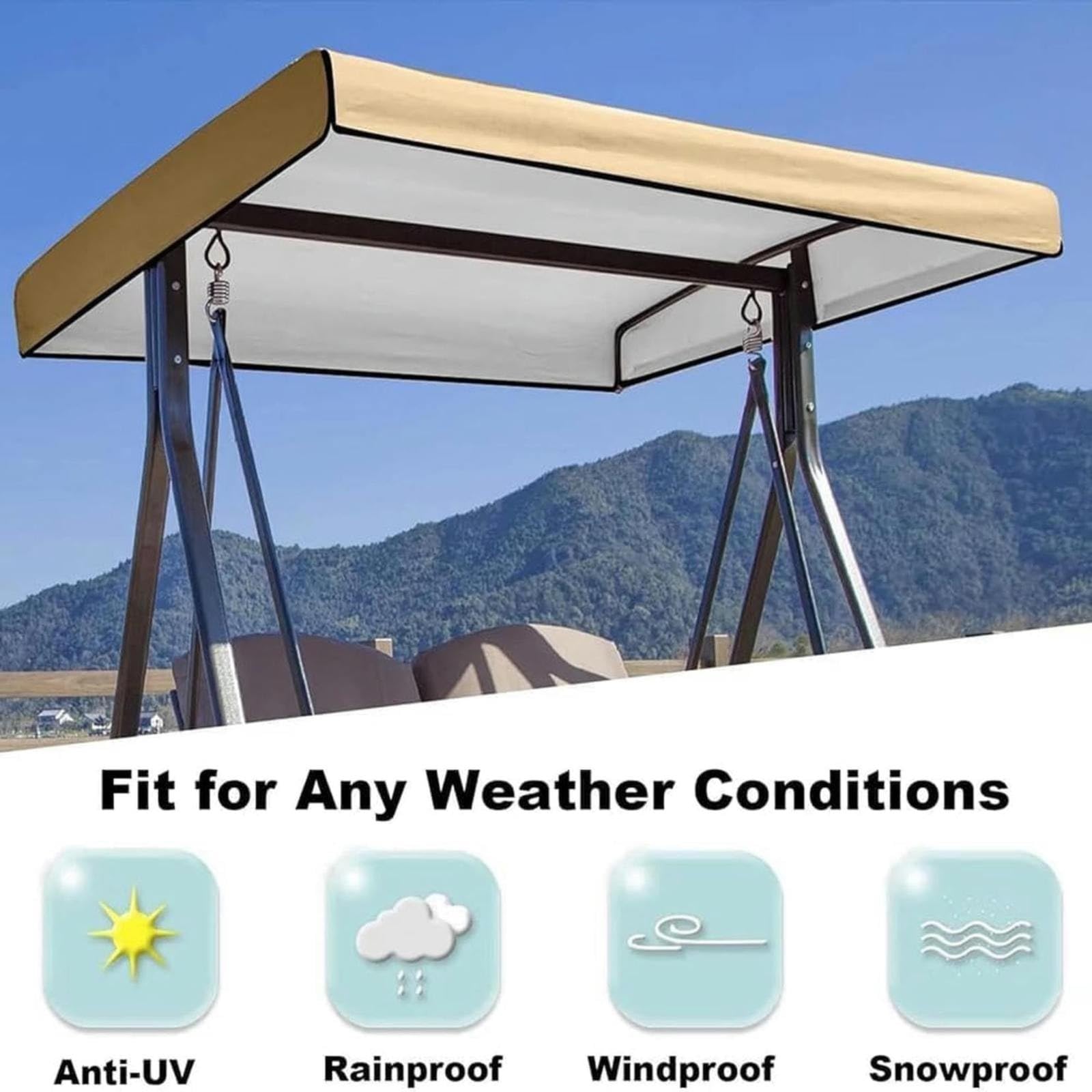 Outdoor Swing Canopy Replacement Cover Patio Swing Canopy Waterproof Top Cover Cloth Protection Sunproof Top Cover Awning Cloth for 2/3-Seater Protection Porch Swings (Beige)