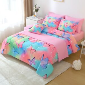 JQinHome 6 Pc Butterfly Comforter Set Twin,3D Rainbow Butterfly Bedding Set for Girls Women,All Season Microfiber Butterfly Design Bedding Collection with Pillowcase, Flat & Fitted Sheet (Rainbow)