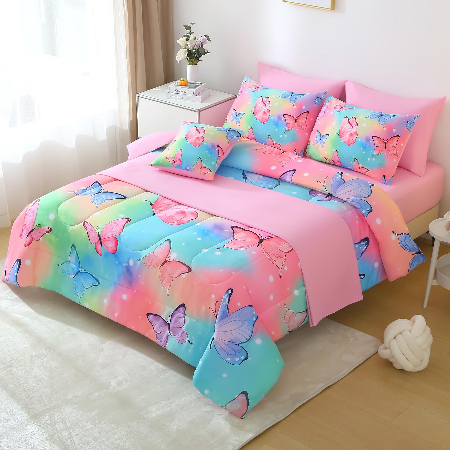 JQinHome 6 Pc Butterfly Comforter Set Twin,3D Rainbow Butterfly Bedding Set for Girls Women,All Season Microfiber Butterfly Design Bedding Collection with Pillowcase, Flat & Fitted Sheet (Rainbow)