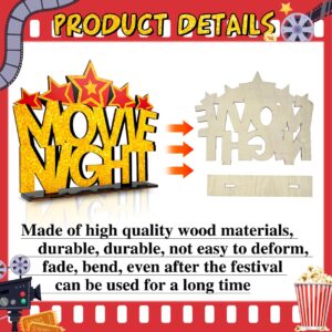 4 Pieces Movie Night Decorations Movie Theater Table Wooden Centerpieces Sign Hollywood Theme Party Decorations for Cinema Movie Time Birthday Party Favors Supplies