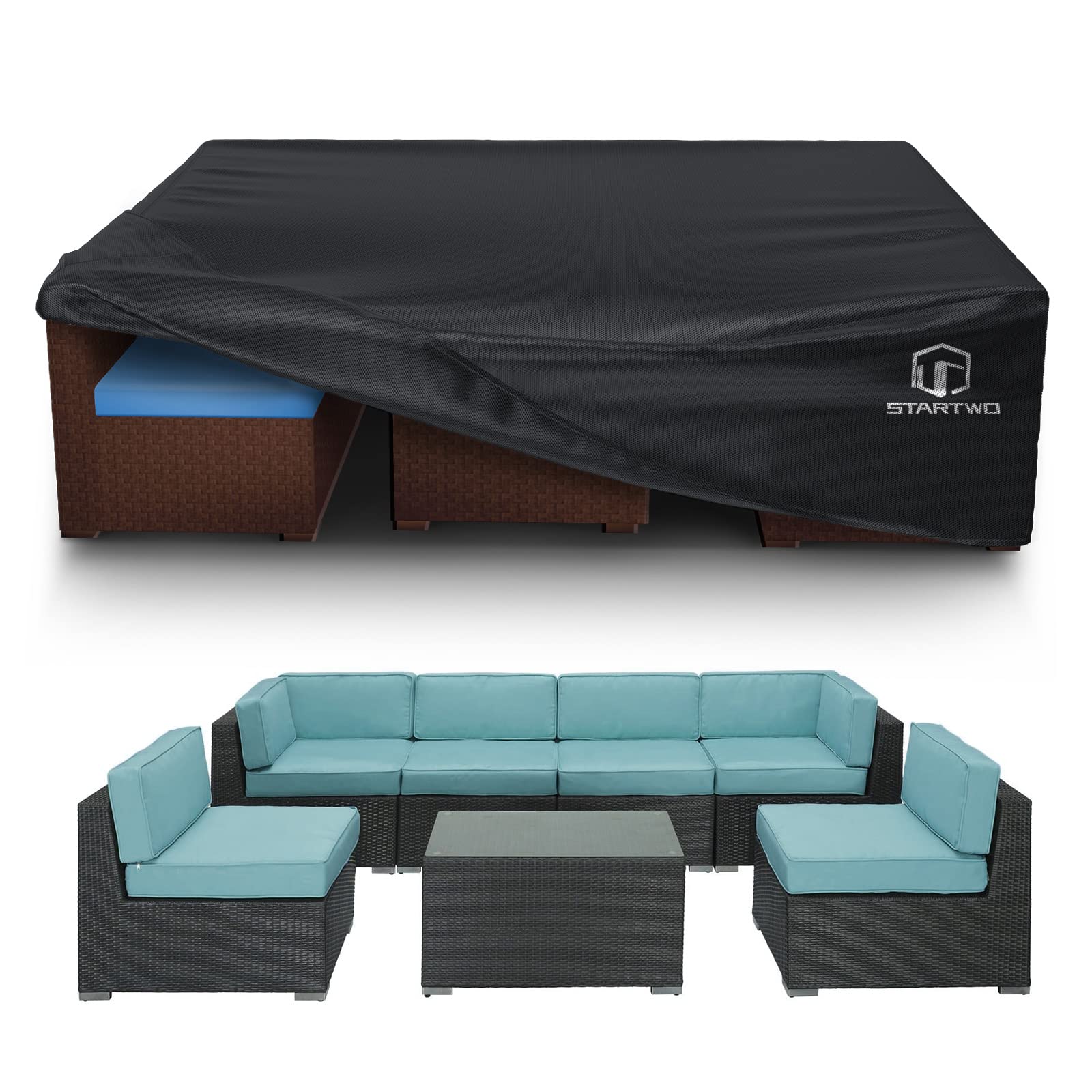 STARTWO Patio Furniture Covers Waterproof, Anti-UV Tear-Resistant Heavy Duty 7-12 Seats Outdoor Furniture Cover for Sectional Sofa, Patio Table Cover, 128" Lx83 Wx28 H, Black