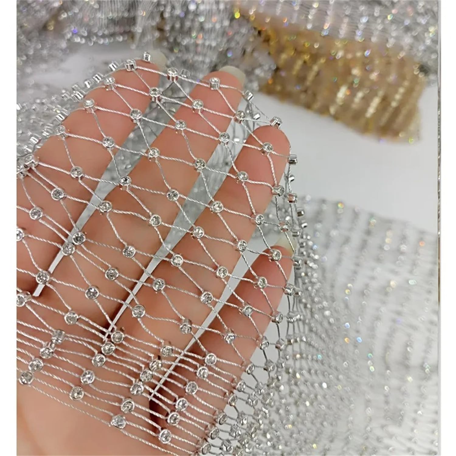 60X90cm Silver Shiny Stretch Crystal Rhinestone Fishnet One Yard Mesh Sheer Cutout Fabric 2024 Ins Popular Designer DIY Wedding Dresses, Gift Wrapping Mask Decoration (Silver, 1 Yard)