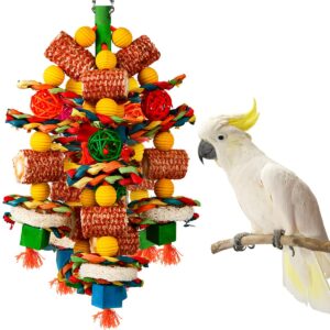 bird toys, parrot toys for large birds,natural corn cob and loofah slices bird chew toys for african grey parrots, macaws, cockatoos, amazon parrot and other small and medium-sized parrot (colorful)